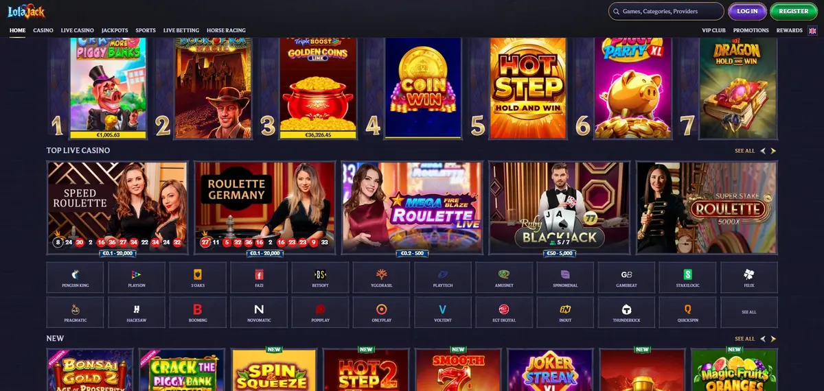Lolajack casino homepage overview
